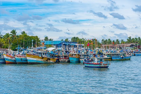 Negombo, Sri Lanka, February 13, 2022: Fishing boats mooring at the shore of Negombo lagoon in Sri Lanka.